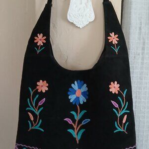 Handbag Top Handle  Embroidered Flowers on Black Velvet 12in x 17in